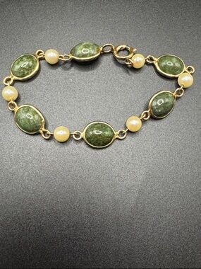Rhythms 12k Gold Filled Freshwater Pearls & Jade Link Bracelet 7.5 in
